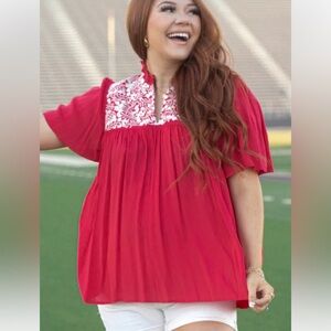 Layerz clothing Gabrielle floral embroidered Top 3xl pink red white